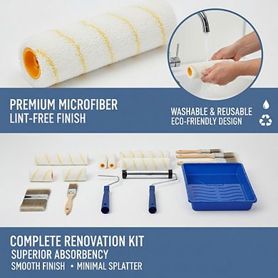 Professional Paint Roller Kit 10pc with Brush, Washable Reusable High Absorbency