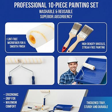 Professional Paint Roller Kit 10pc with Brush, Washable Reusable High Absorbency