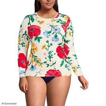 Plus Size Lands' End SunShade UPF 50 Long Sleeve Rash Guard Swim Top