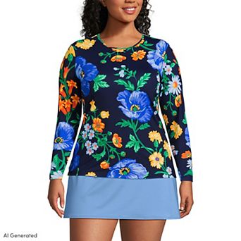 Plus Size Lands' End SunShade UPF 50 Long Sleeve Rash Guard Swim Top