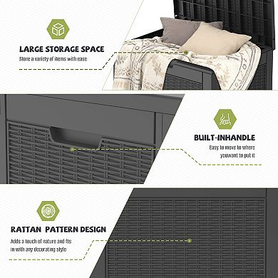 EFU 35 Gallon Rattan Weave Deck Box, Sit-On-It Bench, Weatherproof Resin Storage