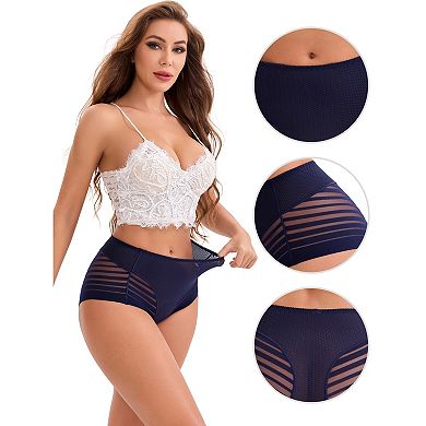 2 Packs Women's High-Waisted Hollow Lace Mesh Underwear Full Coverage Seamless Cotton Briefs