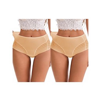 2 Packs Women's High-Waisted Hollow Lace Mesh Underwear Full Coverage Seamless Cotton Briefs