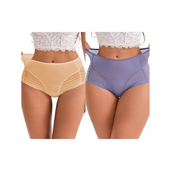2 Packs Women's High-Waisted Hollow Lace Mesh Underwear Full Coverage Seamless Cotton Briefs