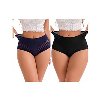 2 Packs Women's High-Waisted Hollow Lace Mesh Underwear Full Coverage Seamless Cotton Briefs