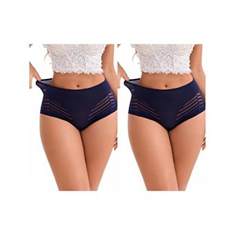 2 Packs Women's High-Waisted Hollow Lace Mesh Underwear Full Coverage Seamless Cotton Briefs