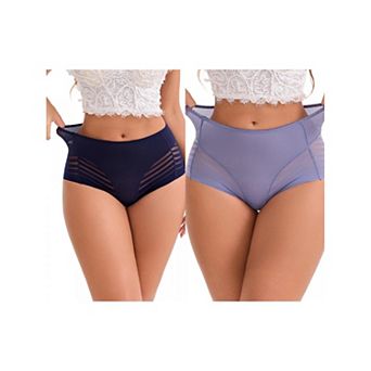2 Packs Women's High-Waisted Hollow Lace Mesh Underwear Full Coverage Seamless Cotton Briefs