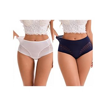 2 Packs Women's High-Waisted Hollow Lace Mesh Underwear Full Coverage Seamless Cotton Briefs
