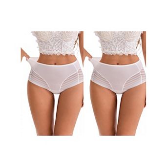 2 Packs Women's High-Waisted Hollow Lace Mesh Underwear Full Coverage Seamless Cotton Briefs