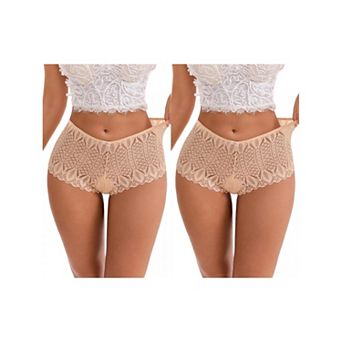 2 Packs Women's High Rise Hollow Lace Hip-Lifting Briefs Full Coverage Breathable Underwear