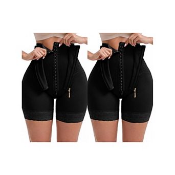 2 Packs Women's High Rise Lace Trim Control Panties Zipper Hooks Hip-Lift Waist Shaperwear Knickers