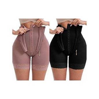 2 Packs Women's High Rise Lace Trim Control Panties Zipper Hooks Hip-Lift Waist Shaperwear Knickers
