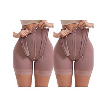 2 Packs Women's High Rise Lace Trim Control Panties Zipper Hooks Hip-Lift Waist Shaperwear Knickers