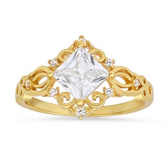 Queen Jewels Sterling Silver Cubic Zirconia Princess-Cut Filigree Ring