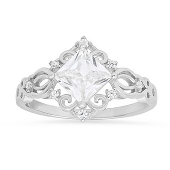 Queen Jewels Sterling Silver Cubic Zirconia Princess-Cut Filigree Ring