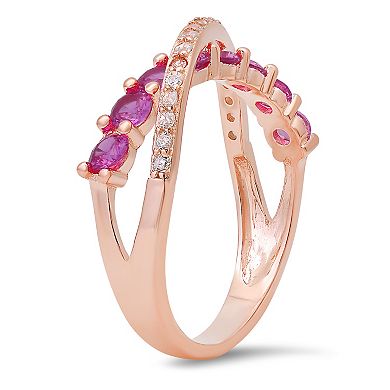 Queen Jewels Sterling Silver Cubic Zirconia & Simulated Pink Sapphire Crossover Ring