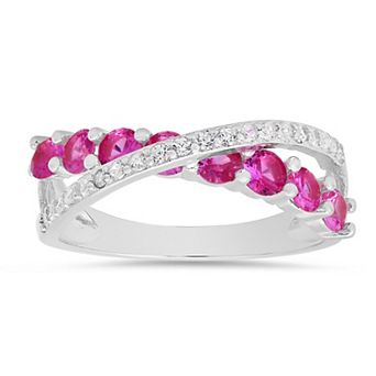 Queen Jewels Sterling Silver Cubic Zirconia & Simulated Pink Sapphire Crossover Ring