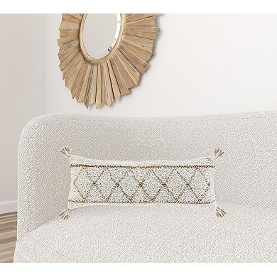 HomeRoots 14" X 36" White And Tan 100% Cotton Geometric Zippered Pillow