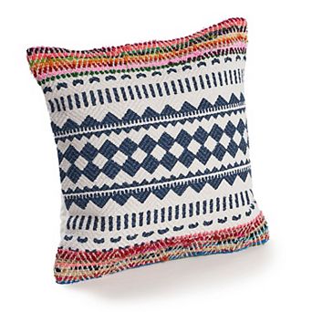 HomeRoots 18" X 18" Blue White Red And Yellow 100% Cotton Striped Zippered Pillow