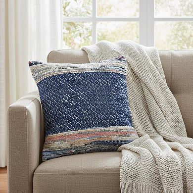 HomeRoots 18" X 18" Blue White Red And Yellow 100% Cotton Striped Zippered Pillow