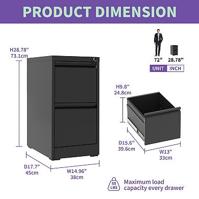 VIYET 2-Drawer Vertical File Cabinet - Locking Steel Storage for Letter & Legal Files