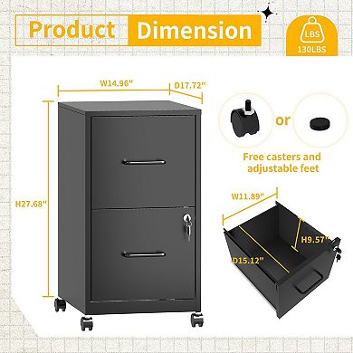 VIYET - 2-Drawer Rolling File Cabinet with Lock - Mobile Storage for Letter/Legal/A4 Files