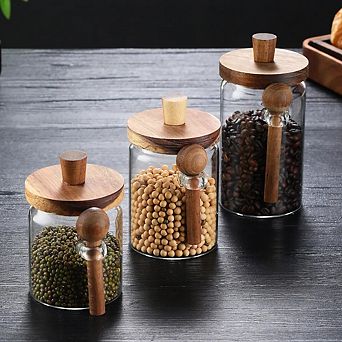 Airtight Glass Storage Jars with Wooden Lid and Spoons,3-Size for Coffee Kitchen Pantry Organization