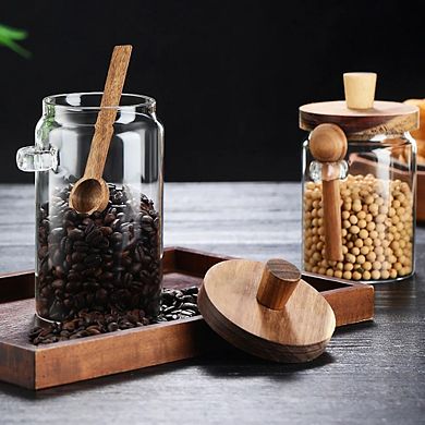 Airtight Glass Storage Jars with Wooden Lid and Spoons,3-Size for Coffee Kitchen Pantry Organization