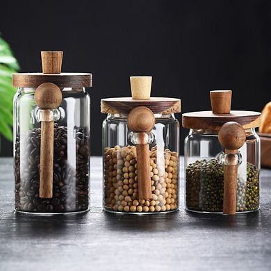 Airtight Glass Storage Jars with Wooden Lid and Spoons,3-Size for Coffee Kitchen Pantry Organization