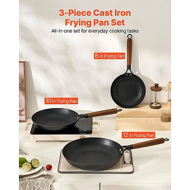 3 Piece Cast Iron Skillet Frying Pan Set 8 10 12 in Pre-Seasoned Nonstick Black