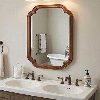 Black Walnut Color 24" x 36" Solid Wood Frame Rounded Corner Decorative Mirror, Bedroom, Living Room