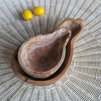 2 pc Nesting Gourd-Shaped Teak Root Decorative Bowl Set-Brown
