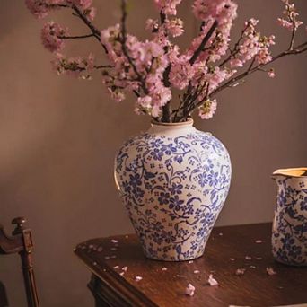 9.1x11" Round Ceramic Vase with Distressed White Finish and Blue Floral Motif