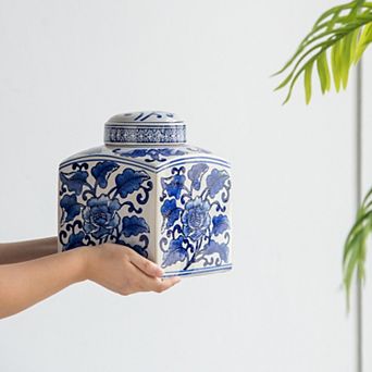 5x5x8" Hand Painted Square Canister, Blue and White Floral Pattern