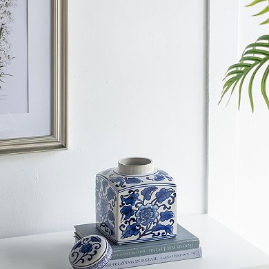 5x5x8" Hand Painted Square Canister, Blue and White Floral Pattern
