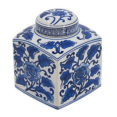 5x5x8" Hand Painted Square Canister, Blue and White Floral Pattern