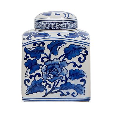 5x5x8" Hand Painted Square Canister, Blue and White Floral Pattern