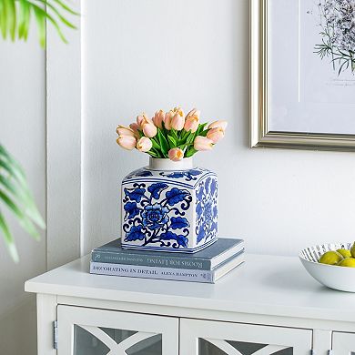 5x5x8" Hand Painted Square Canister, Blue and White Floral Pattern