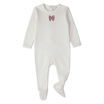 Baby Girls "Put A Bow On It" 100% Cotton Embroidered Polka-Dot Footie