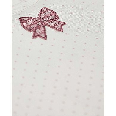 Baby Girls "Put A Bow On It" 100% Cotton Embroidered Polka-Dot Footie