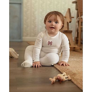 Baby Girls "Put A Bow On It" 100% Cotton Embroidered Polka-Dot Footie