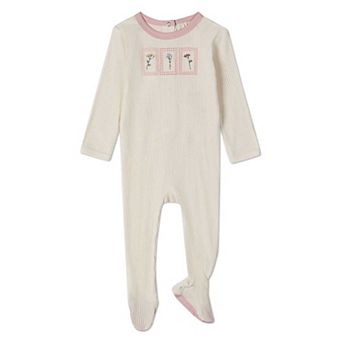Baby Girls "Framed Florals" Ribbed Cotton-Blend Embroidered Footie