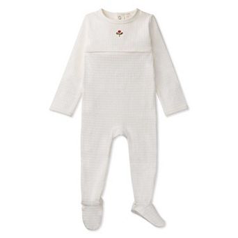 Waffle Footie with Embroidered Flower Bud