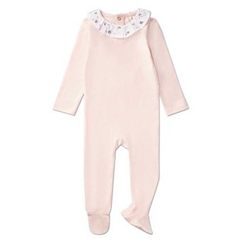 Baby and Toddler Girls Embroidered Flower Ruffle-Collar Cotton Rich Footie