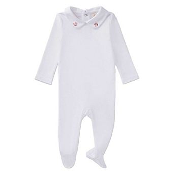 Baby and Toddler Girls 100% Pima Cotton Footie with Heart-Embroidered Peter Pan Collar