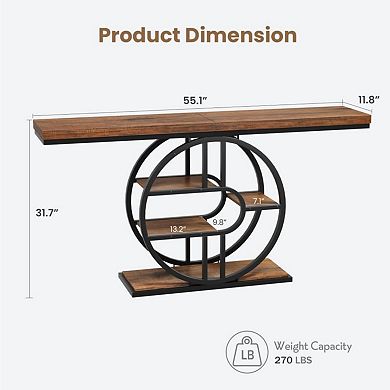 55 Inch Industrial Console Table, 4-Tier Entryway Table with Circle Base, Sofa Table