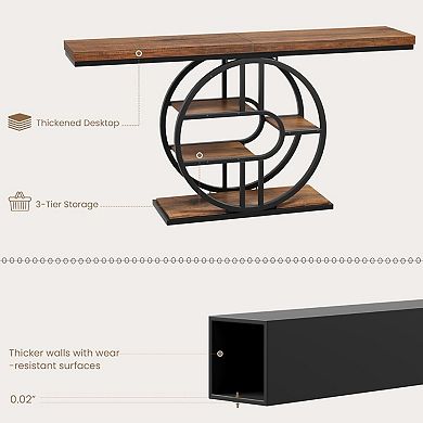 55 Inch Industrial Console Table, 4-Tier Entryway Table with Circle Base, Sofa Table