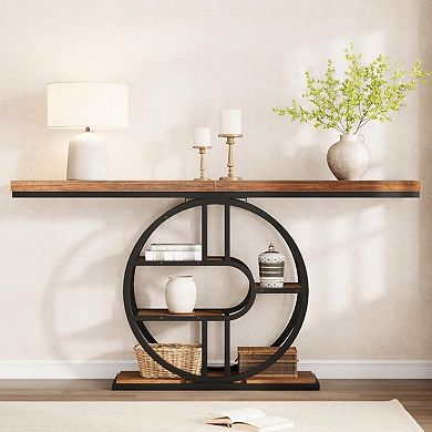 55 Inch Industrial Console Table, 4-Tier Entryway Table with Circle Base, Sofa Table