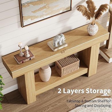 63 Inch Farmhouse Entryway Console Table with 2-Tier Open Storage Long Sofa Accent Table