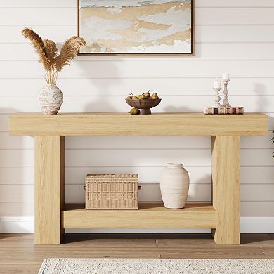 63 Inch Farmhouse Entryway Console Table with 2-Tier Open Storage Long Sofa Accent Table
